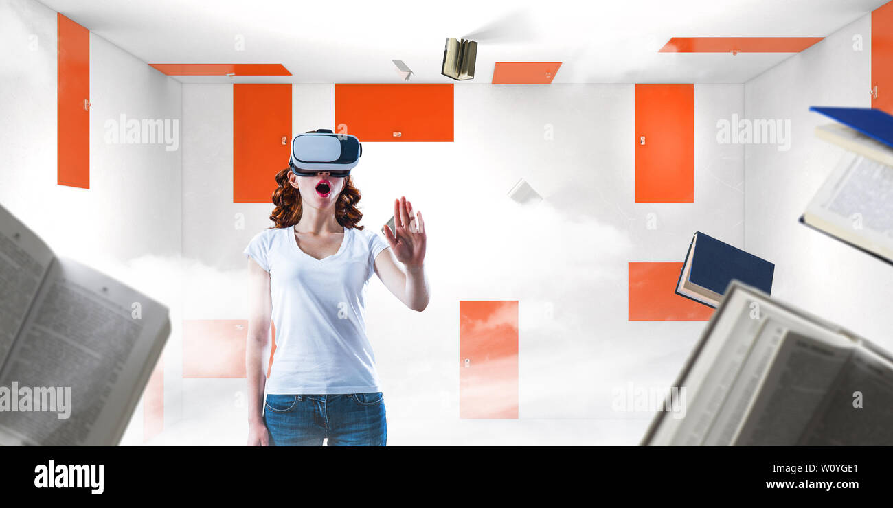Young woman in virtual reality headset in a room with lots of doors. Mixed media Stock Photo