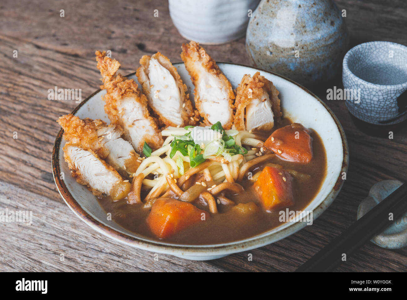 Japanese curry with udon noodle and deep fried chicken tenderloin