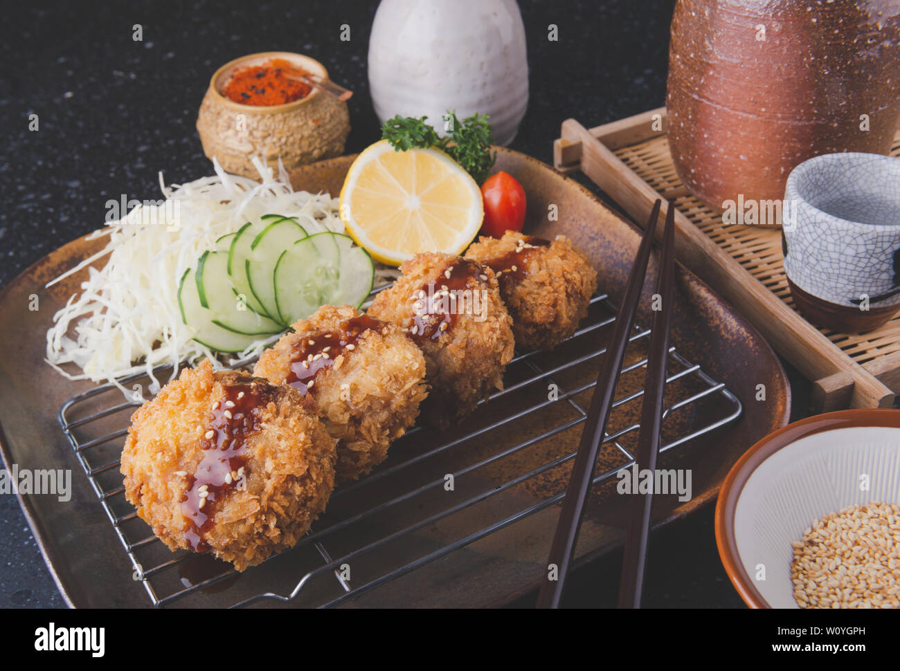Japanese Deep Fried Pork Chop Or Menchikatsu Style With Sauce And Vegetable Salad Set Stock Photo Alamy