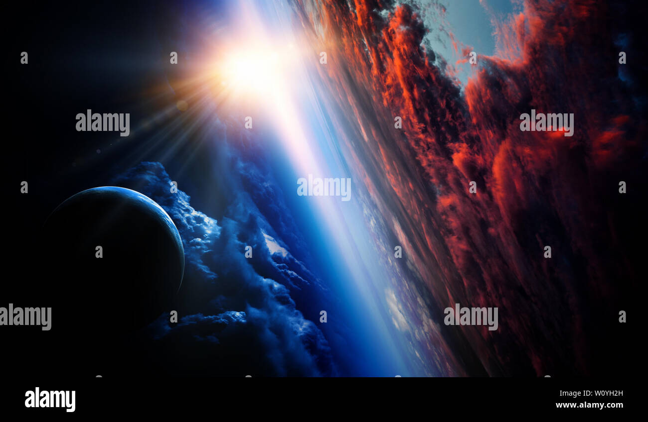 Abstract planets and space texture with sunrise and clouds Stock Photo ...