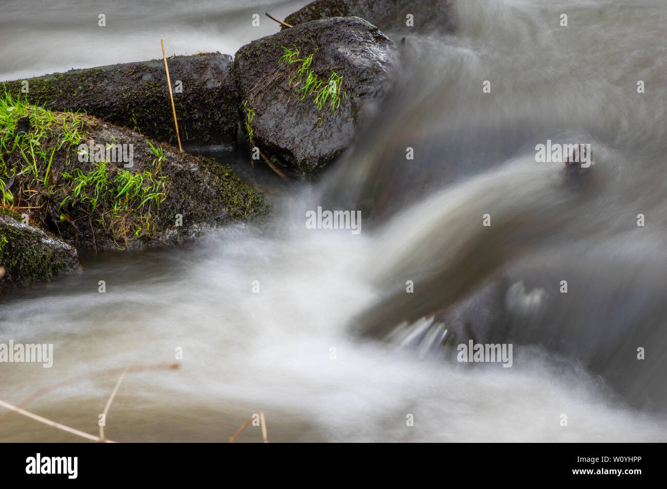 water rushing over mossy stones in a small creek Stock Photo
