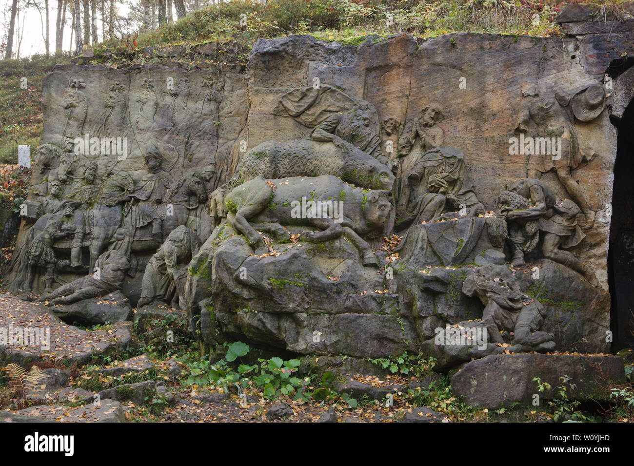 Two abandoned relieves 'Adoration of the Magi' and 'Nativity of Jesus' (R)  in the area of the open air sculptural gallery known as the Braunův Betlém  (Braun's Bethlehem) in the forest near