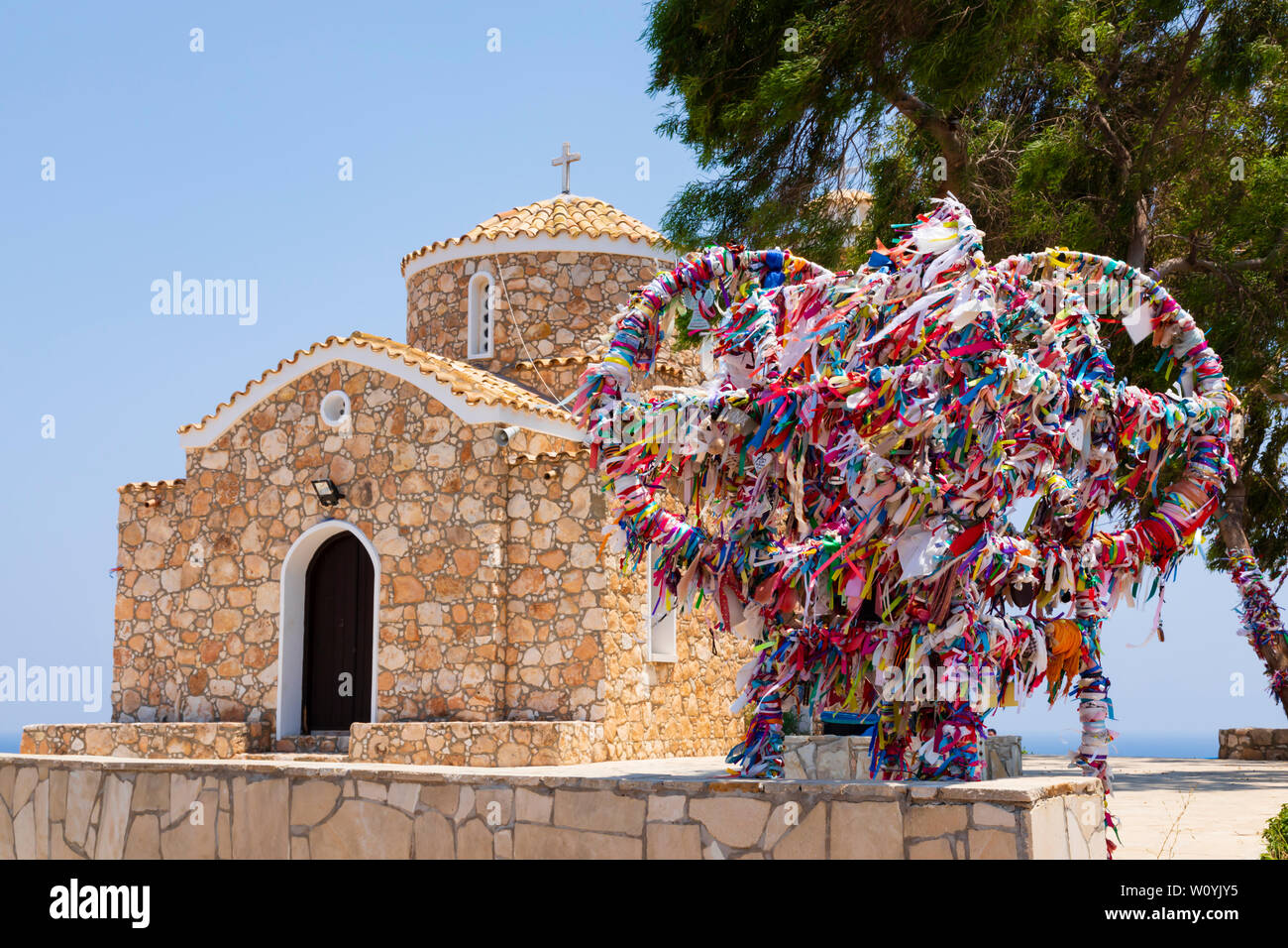 Ribbons on the wishing tree at Profitis Ilias church, Paralimni, Cyprus Stock Photo