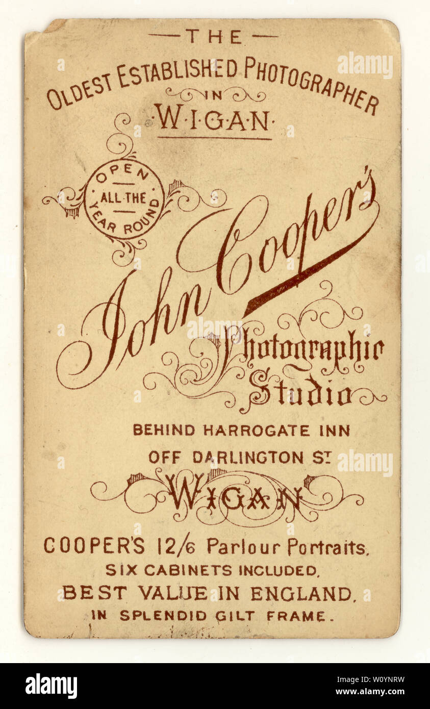 Reverse of Victorian CDV carte de visite from the 1870's, John Coopers photographic studio, Wigan Stock Photo