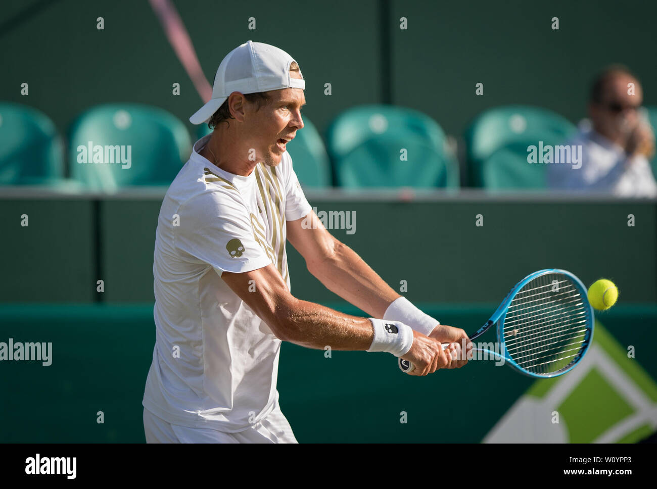 Slough, UK. 28th June, 2019. Tomáš Berdych (CZE) during The Boodles tennis  exhibition event 2019 Day 4 at Stoke Park, Slough, England on 28 June 2019.  Photo by Andy Rowland. Credit: PRiME