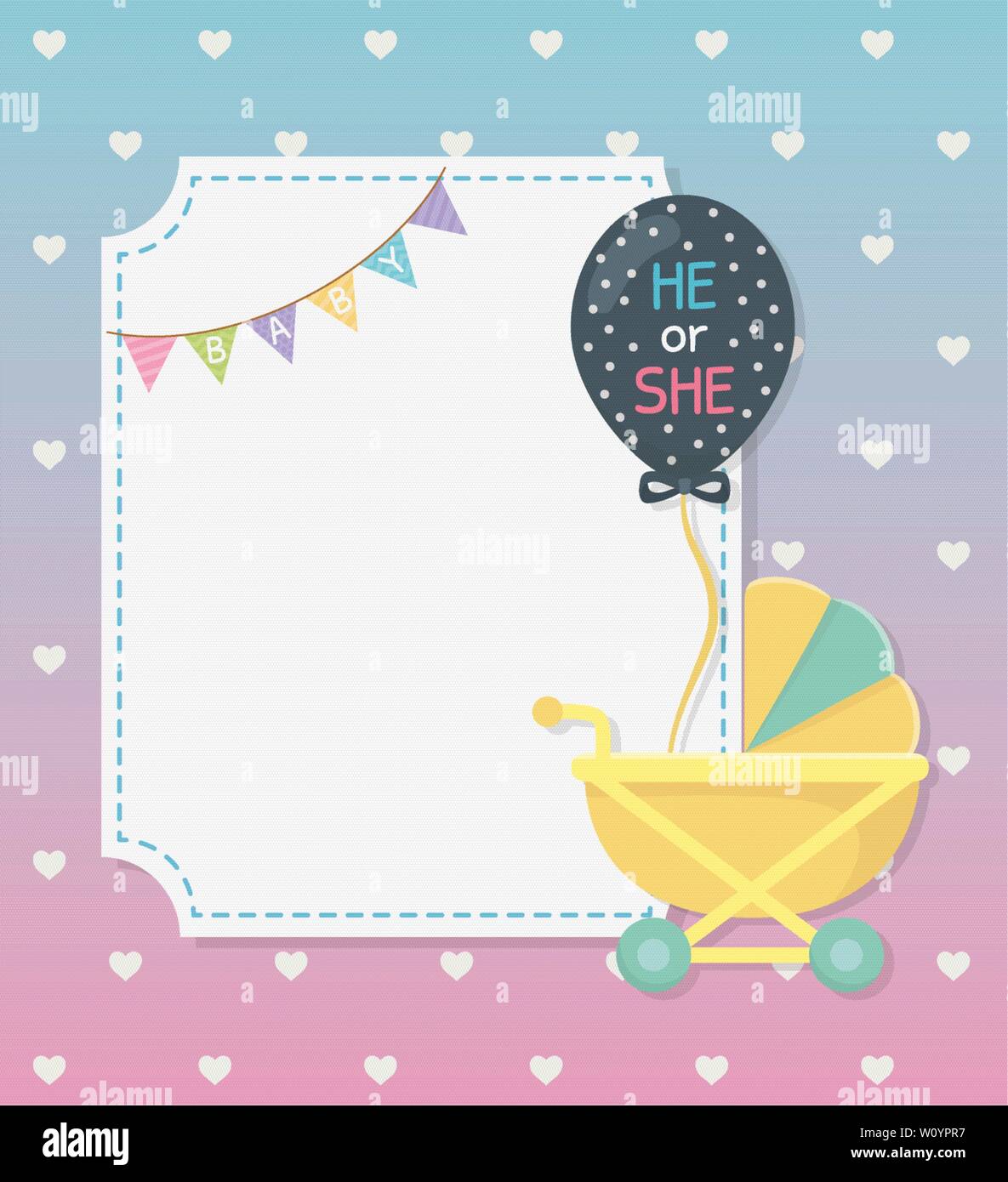 baby shower card with cart and balloon helium vector illustration ...