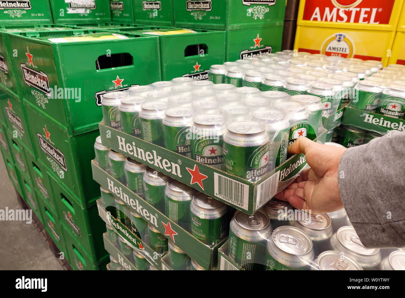 Stacked trays with Heineken beer Stock Photo