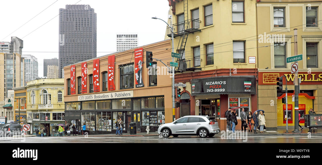 City Lights Booksellers and Publishers on Columbus Avenue in the North Beach neighborhood of San Francisco on a rainy May afternoon in 2019. Stock Photo