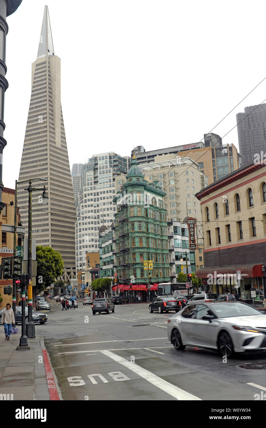 An overcast May afternoon in the North Beach neighborhood of San Francisco, California with the TransAmerica and Sentinel buildings in the distance. Stock Photo