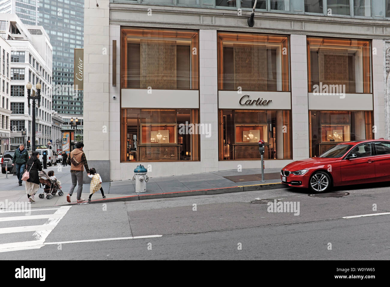 Cartier, the upscale retailer specializing in jewelry, on Grant Avenue in San Francisco, California, USA. Stock Photo