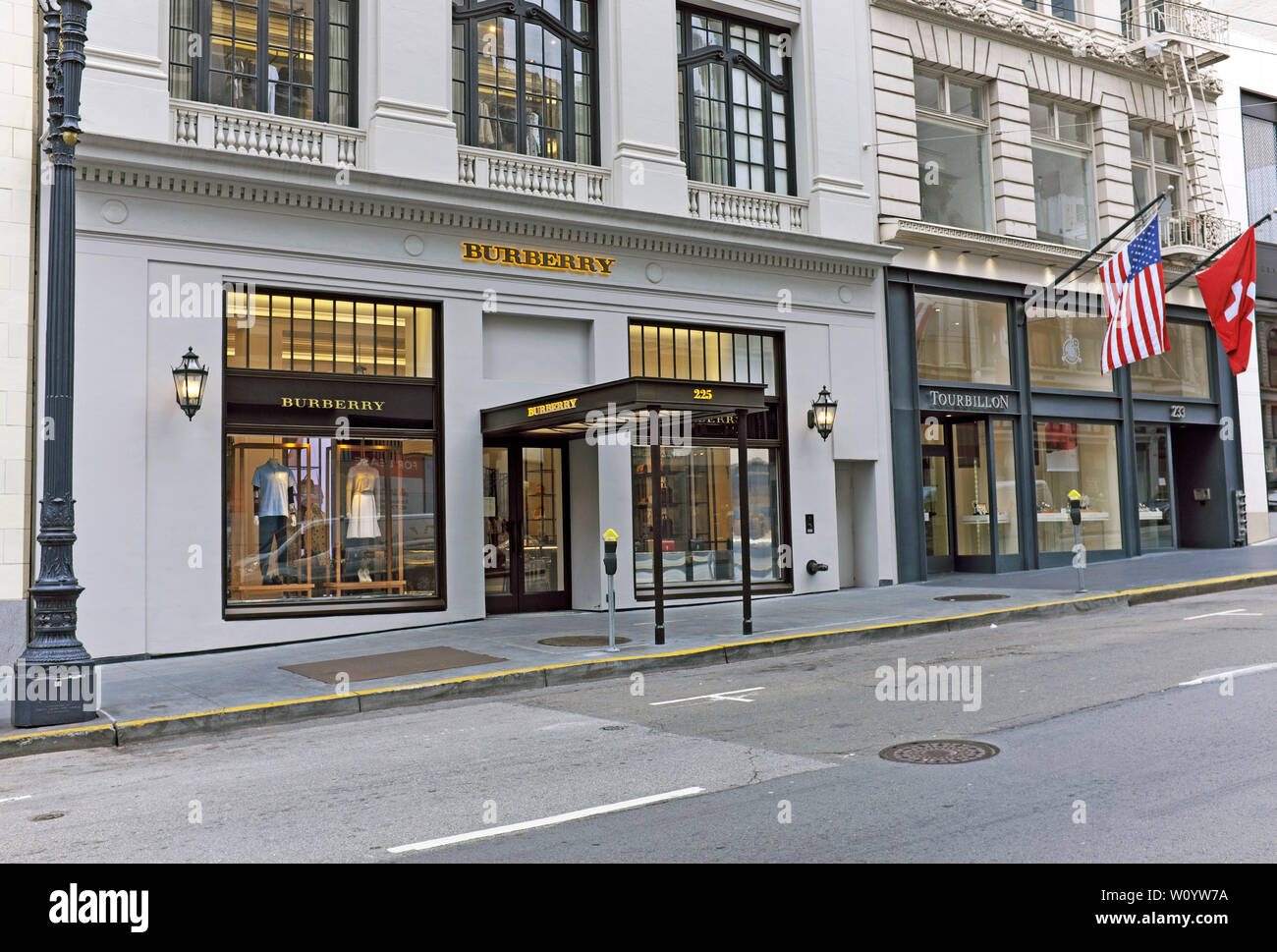 Burberry, the British upscale luxury fasion retailer, storefront location in San Francisco, California, USA. Stock Photo