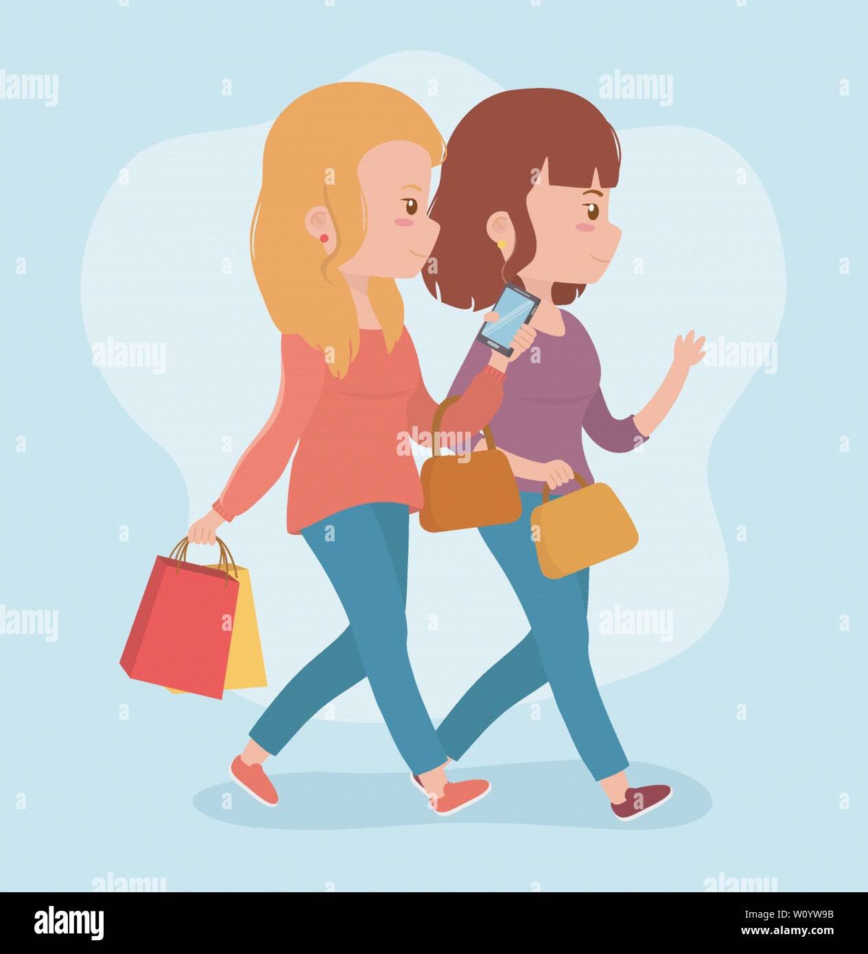 beautiful women walking using smartphones vector illustration design Stock Vector