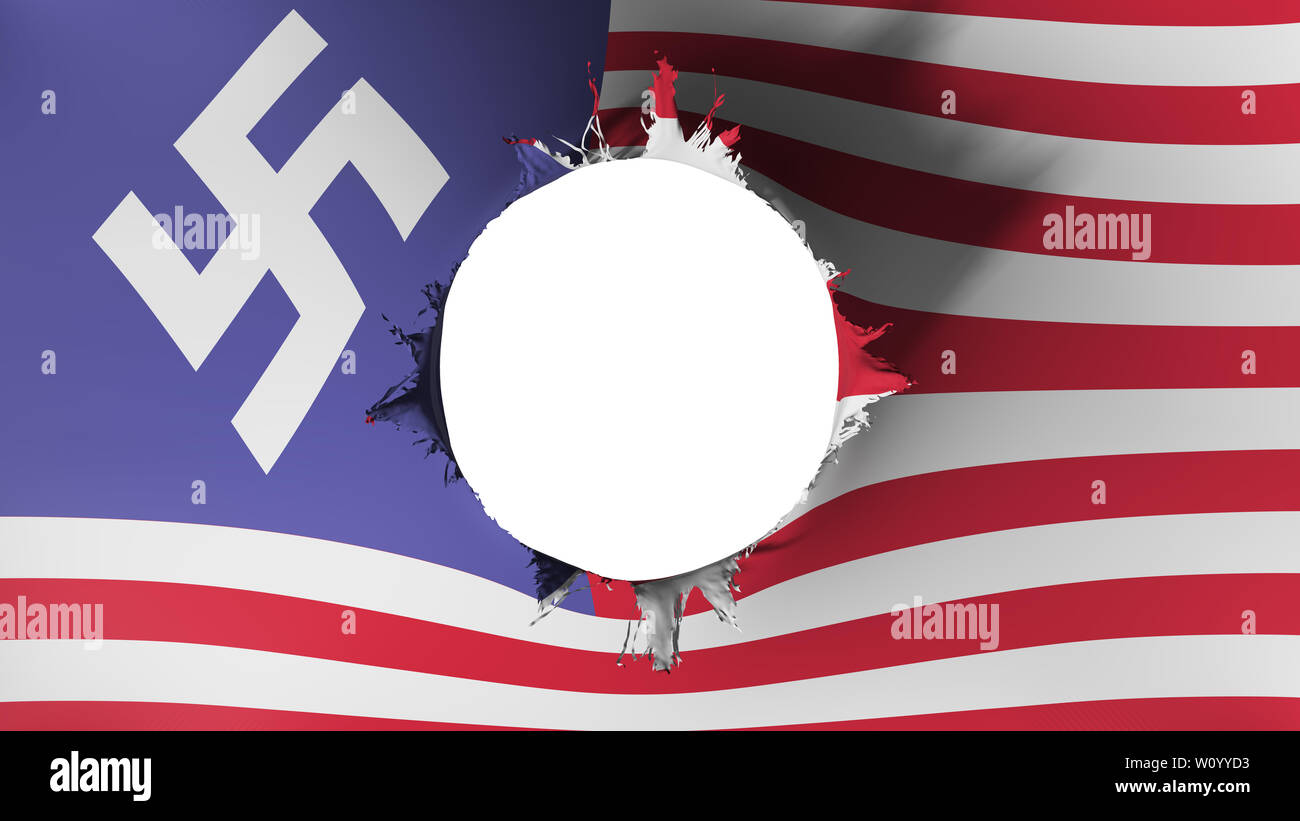Hole cut in the flag of USA swastika , white background, 3d rendering Stock Photo