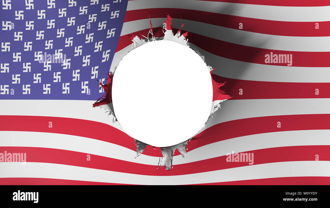 Hole cut in the flag of United States America Nazi, white background, 3d rendering Stock Photo