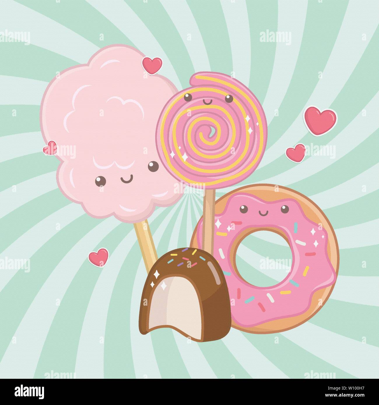 sweet cotton sugar and candies kawaii characters vector illustration ...