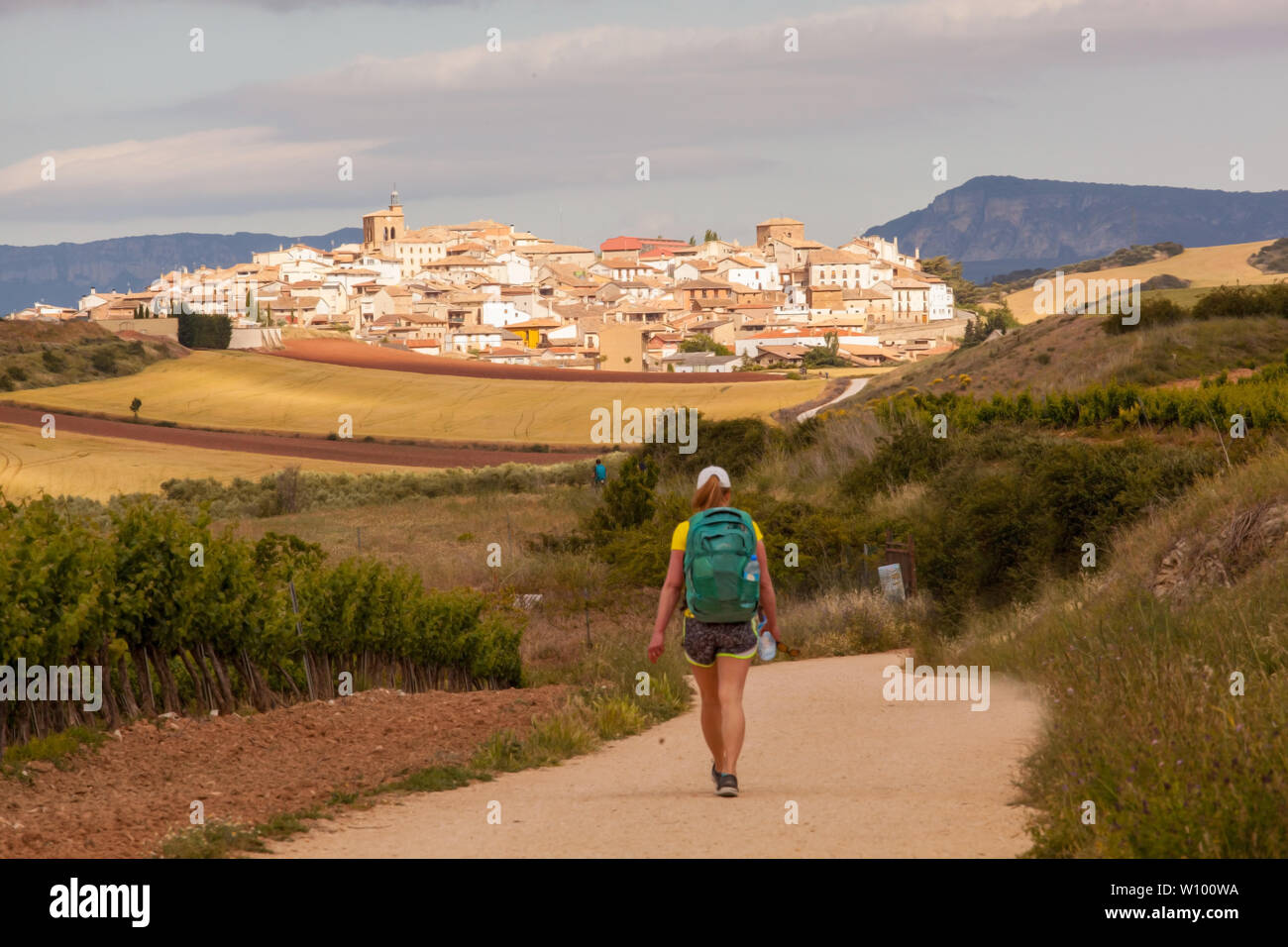 Woman  backpacker walking the Spanish pilgrim route the Camino de Santiago the Way of St James towards the village of Cirauqui in Navarra Spain Stock Photo