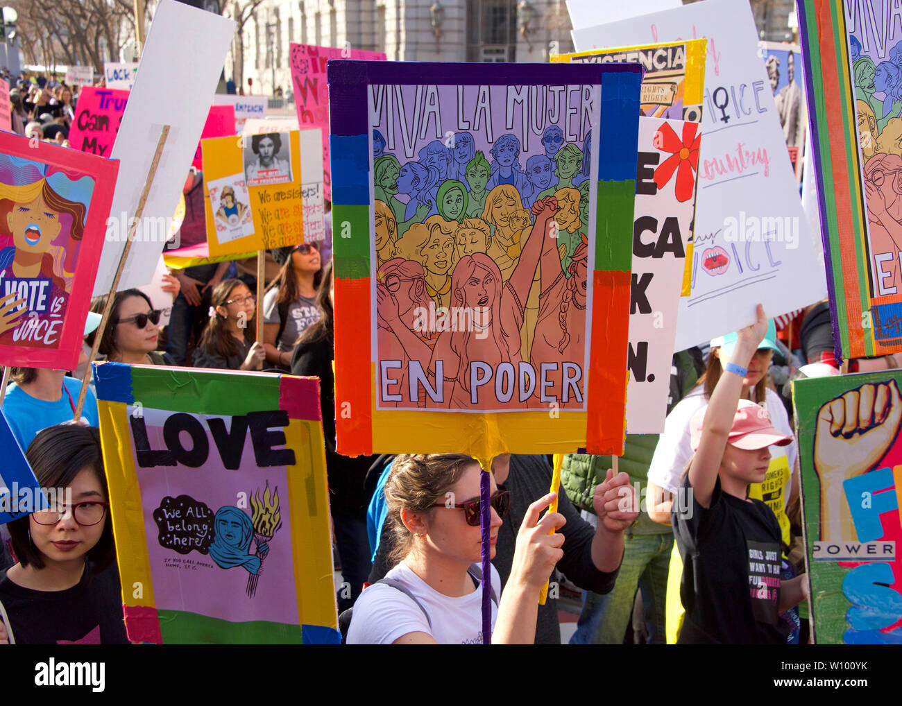San Francisco, CA - January 19, 2019: Unidentified participants in the Women's March. This year's theme is Truth To Power and celebrating the Womens W Stock Photo