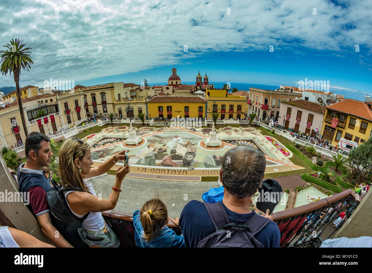 la Orotava, Tenerife, Spain - June 27, 2019. Beautiful giant natural color sand carpet in La Orotava during Corpus Christi. Famous religious event.. W Stock Photo