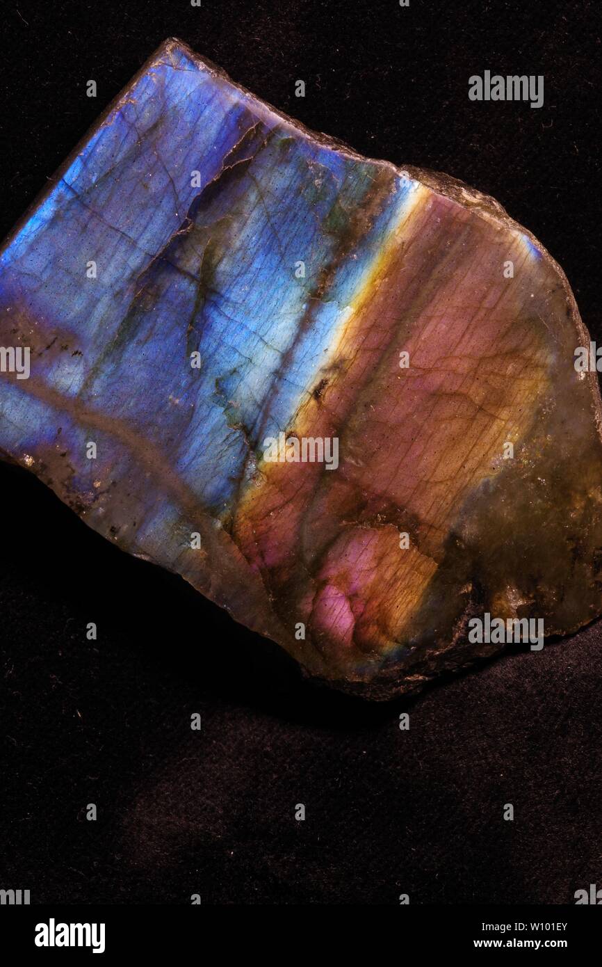 Labradorite Geological Sample. Macro Abstract Close Up Photo. Displaying Colourful