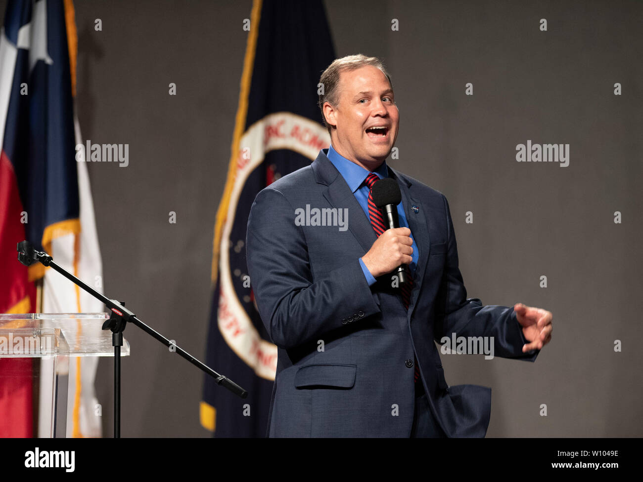 National Aeronautics and Space Administration Administrator Jim Bridenstine speaks at the Johnson Space Center near Houston, Texas during an event commemorating the 50th anniversary of the Apollo 11 spaceflight that was the first to land men on the moon in 1969. Stock Photo