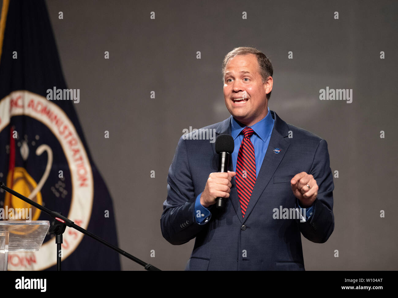 National Aeronautics and Space Administration Administrator Jim Bridenstine speaks at the Johnson Space Center near Houston, Texas during an event commemorating the 50th anniversary of the Apollo 11 spaceflight that was the first to land men on the moon in 1969. Stock Photo