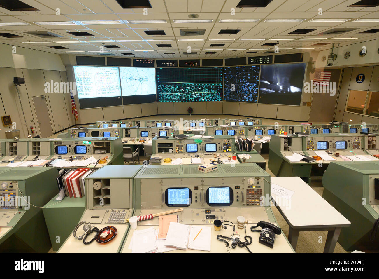 Mission Control Center at NASA Johnson Space Center in Clear Lake near Houston, Texas, newly restored to its 1960s version to commemorate the 50th anniversary of man's first steps on the moon in July 1969 by Apollo 11 astronauts. After its launch from the Kennedy Space Flight Center in Florida, the Apollo 11 moon landing and return to earth was controlled from this facility. Stock Photo