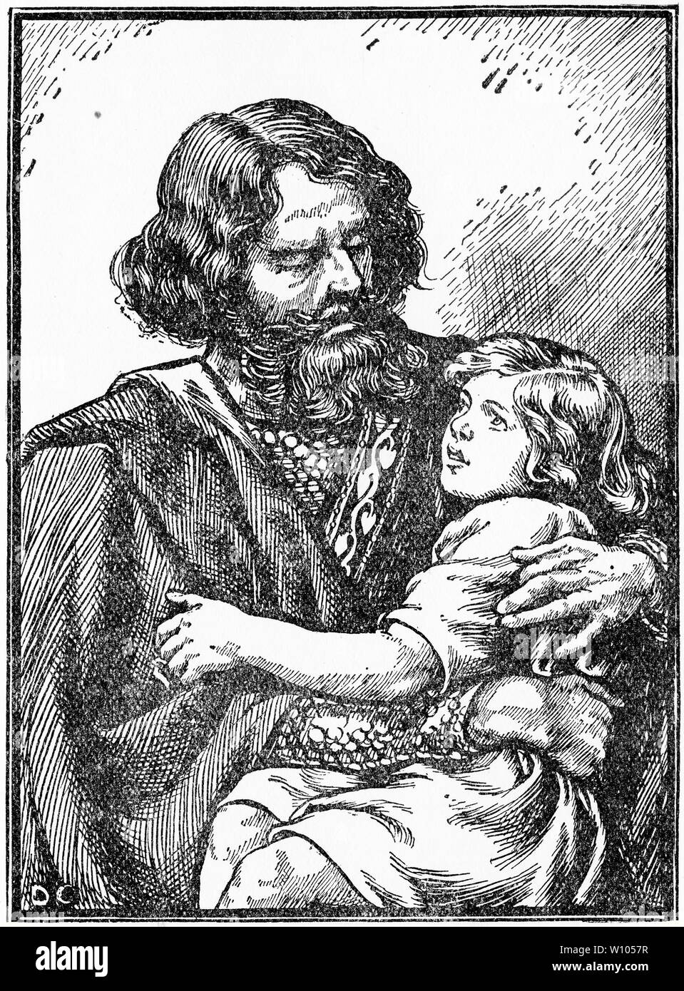 Engraving of William Longsword (c. 893 – 942) second ruler of Normandy, with his son Richard I (932 – 996), also known as Richard the Fearless. From an early edition of The Little Duke. Stock Photo