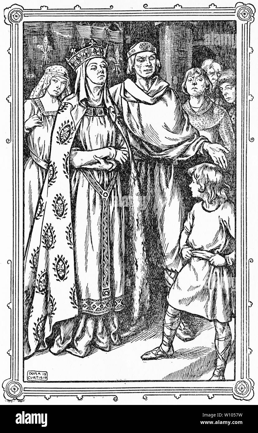 Engraving of William Longsword (c. 893 – 942) second ruler of Normandy, and family, with his son Richard I (932 – 996), also known as Richard the Fearless. From an early edition of The Little Duke. Stock Photo