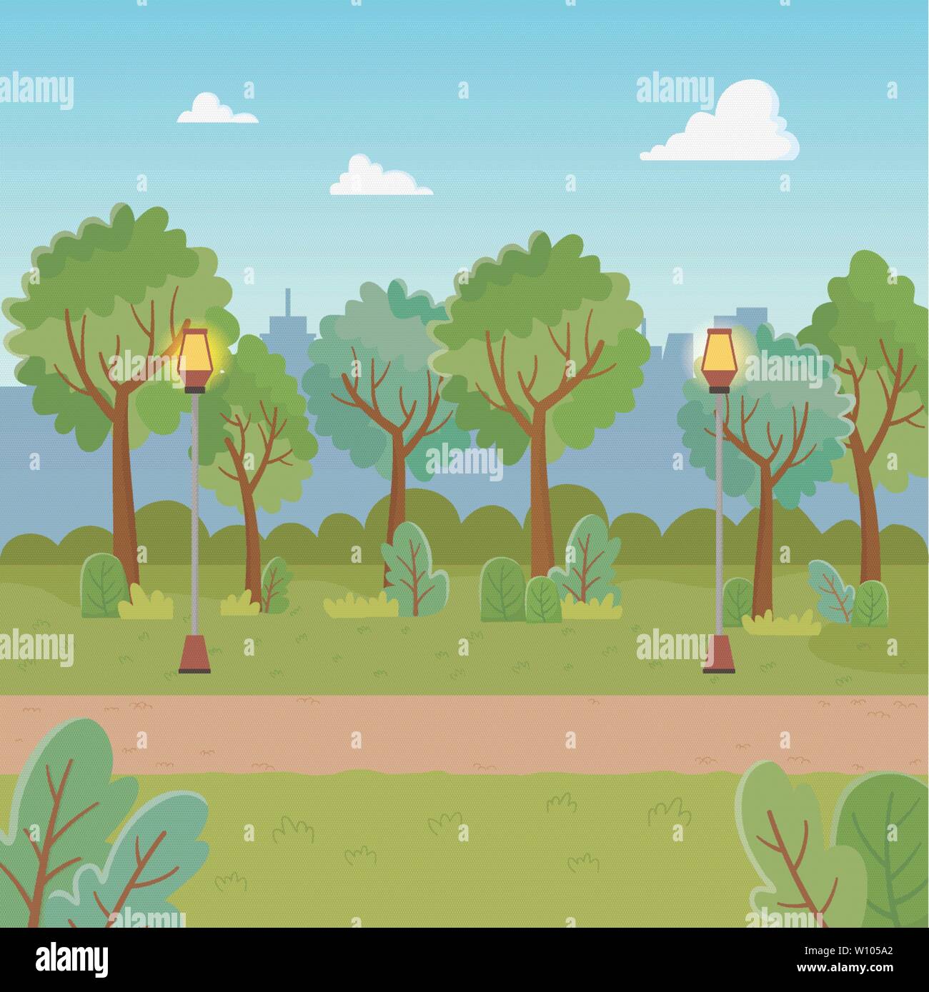city park scene with lanterns vector illustration design Stock Vector ...