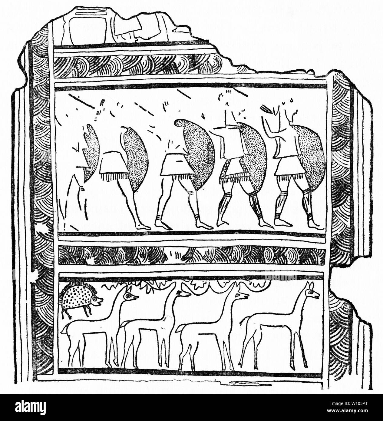 Engraving of Greek warriors, copied from a stele in Mycenae Stock Photo