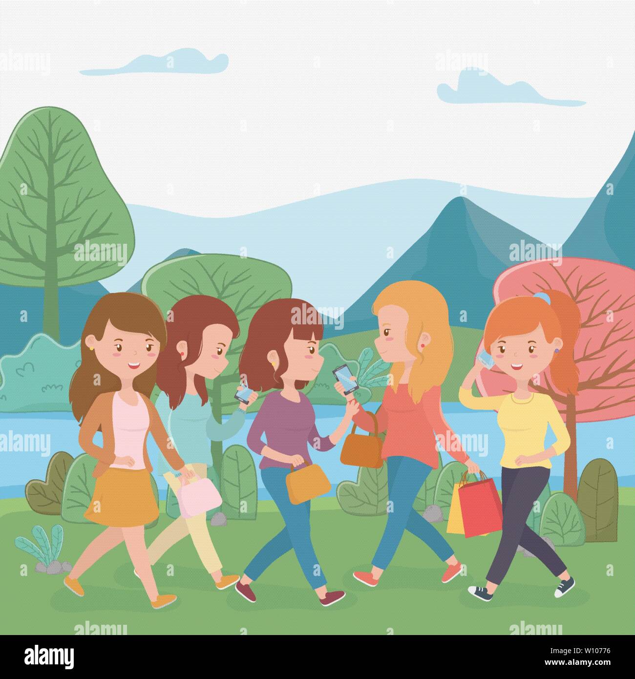 beautiful women walking in the park using smartphones vector illustration design Stock Vector
