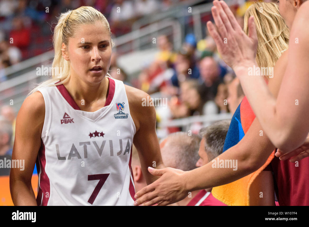 Riga, Latvia. 28th Jun 2019. Elina Dikaioulaku of team Latvia, during  European Women Basketball Championship, commonly called EuroBasket Women  2019 , game between team Latvia and team Ukraine in Arena Riga, Riga,