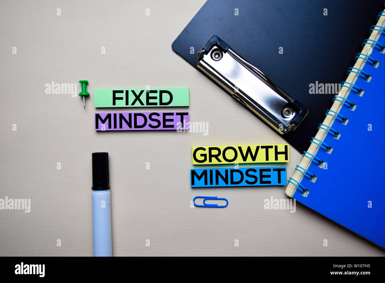 Fixed Mindset or Growth Mindset text on sticky notes with office desk