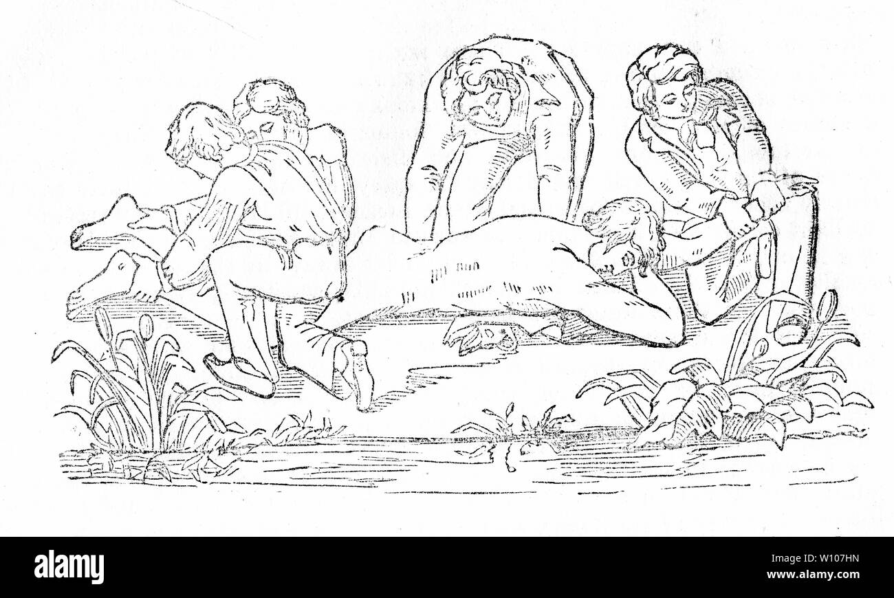 Engraving of a team of people using the ready method of respiration for a victim of drowning. Stock Photo