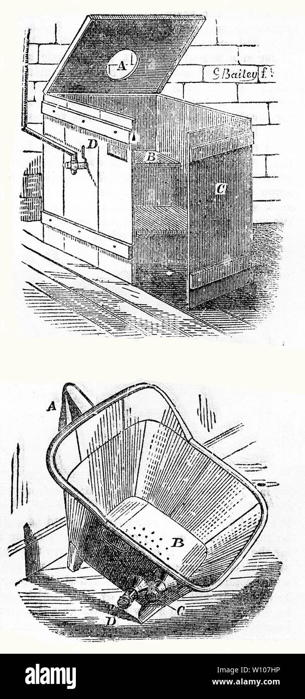 Engraving of a bath designed for people to sit in using medical washing treatment. From John Smedley's Practical Hydropathy, circa 1880 Stock Photo