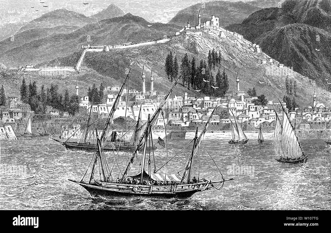 Engraving of a steam ship passing the port of the ancient city of Salonica, or Thessalokina From The Life and Work of St Paul by Farrar, 1898. Stock Photo