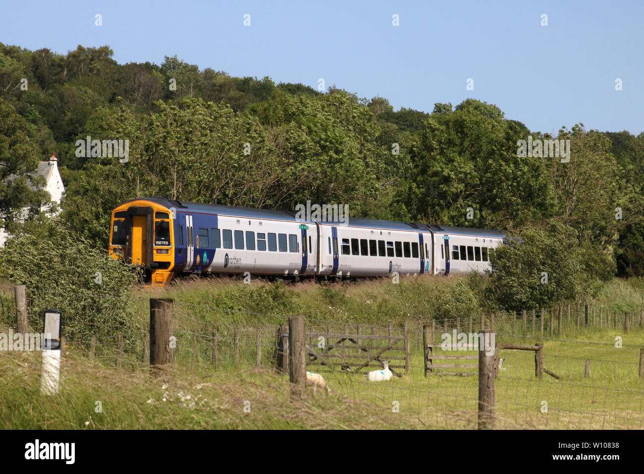 Class 158 express sprinter dmu train in Northern livery in countryside near Silverdale, Lancashire with passenger service on 28th June 2019. Stock Photo