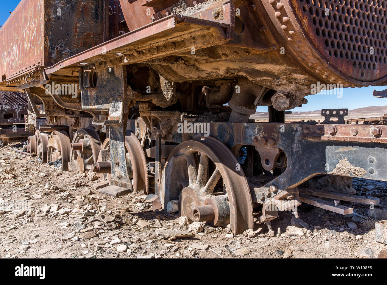 Train cemetary in Uyuni, Bolivia Stock Photo