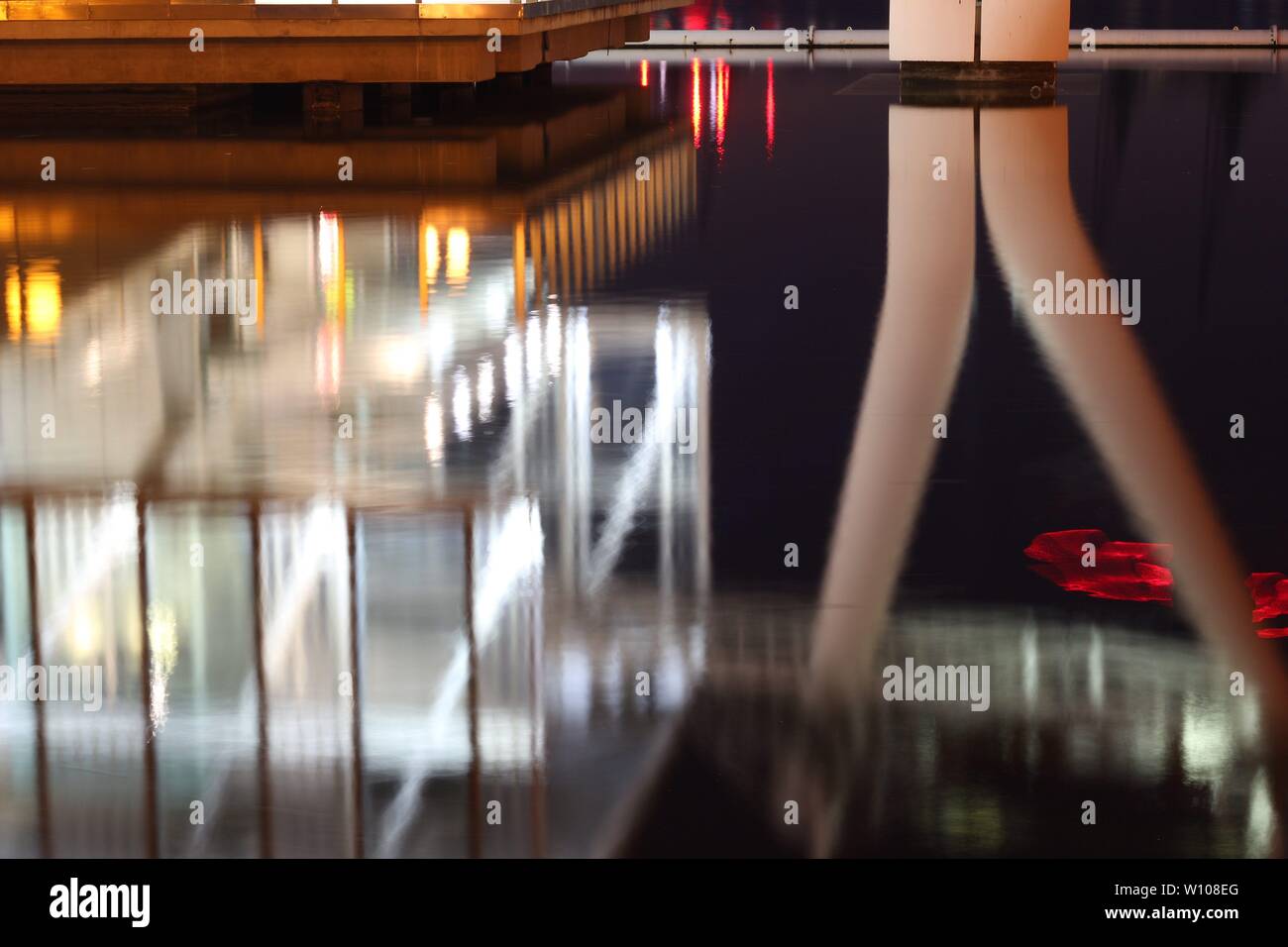 Greenwich cable car station reflection on dockland on a summer evening, London , England Stock
