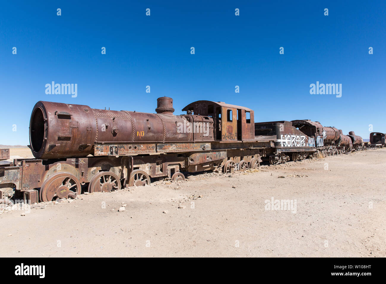 Train cemetary in Uyuni, Bolivia Stock Photo