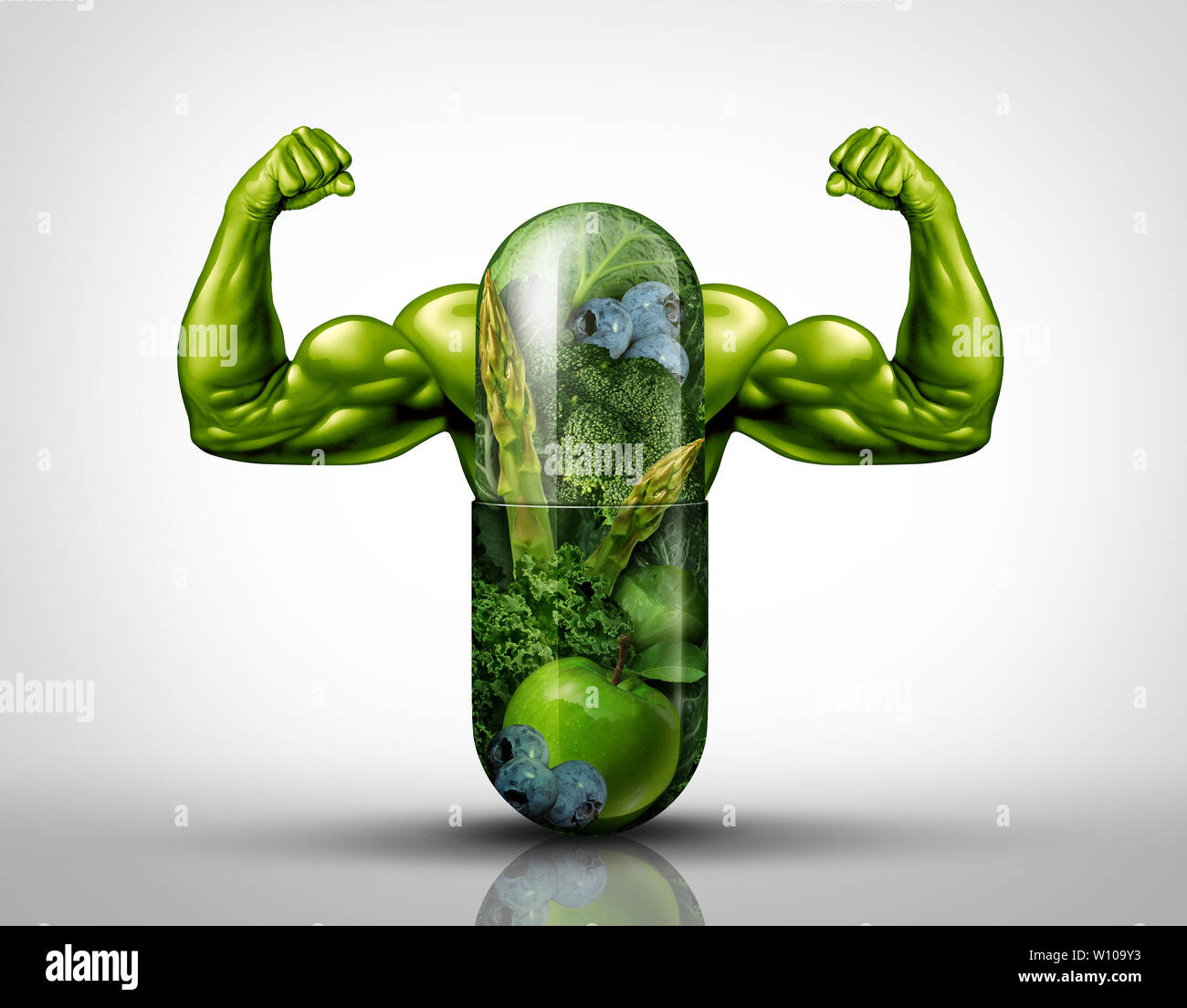 Power food supplement concept as a giant pill or medicine capsule with fresh fruit and vegetables inside on a table place setting as a nutrition. Stock Photo