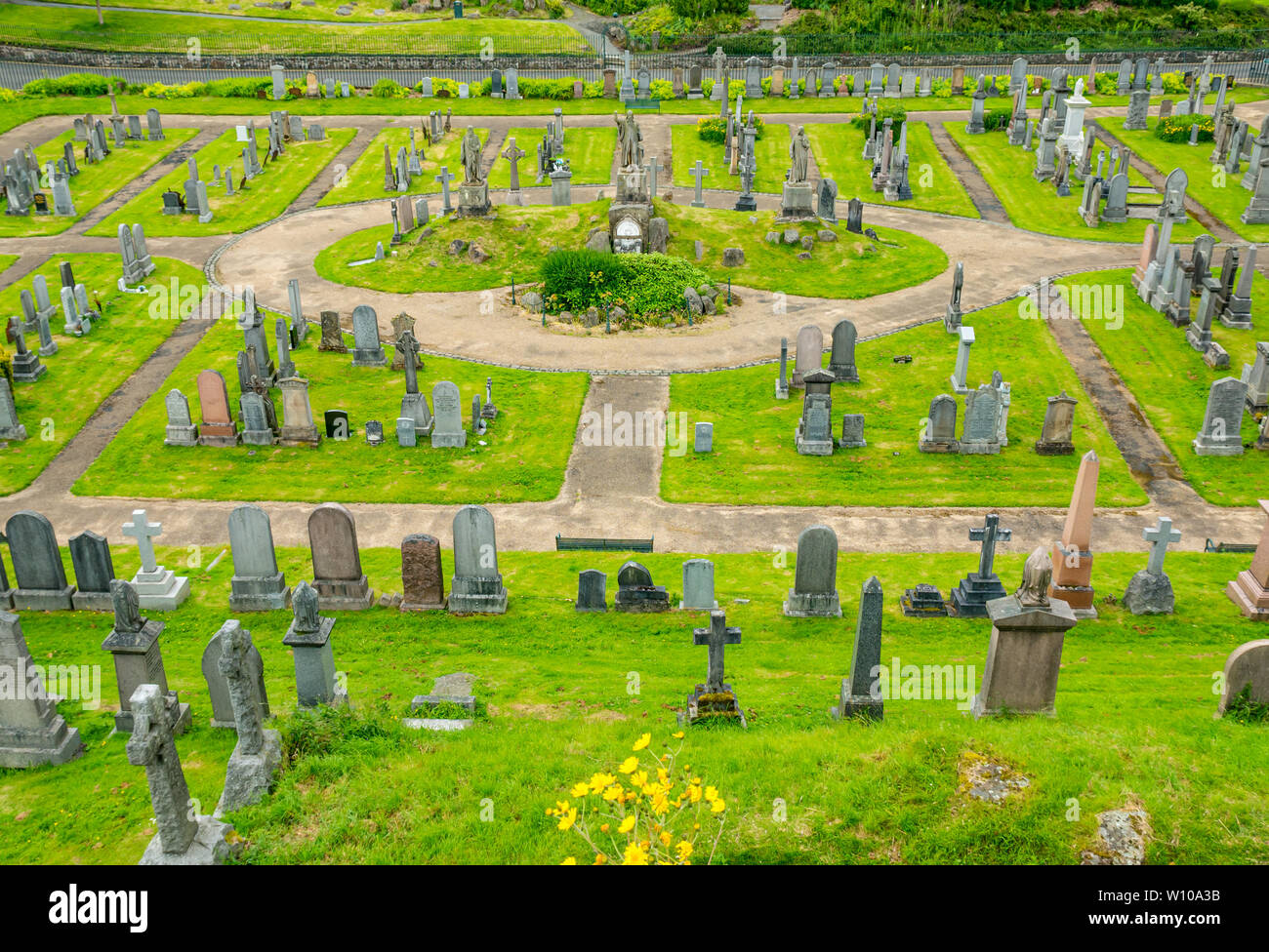Old Town Valley cemetery gravestones, with John Knox statue in centre, Stirling, Scotland, UK Stock Photo