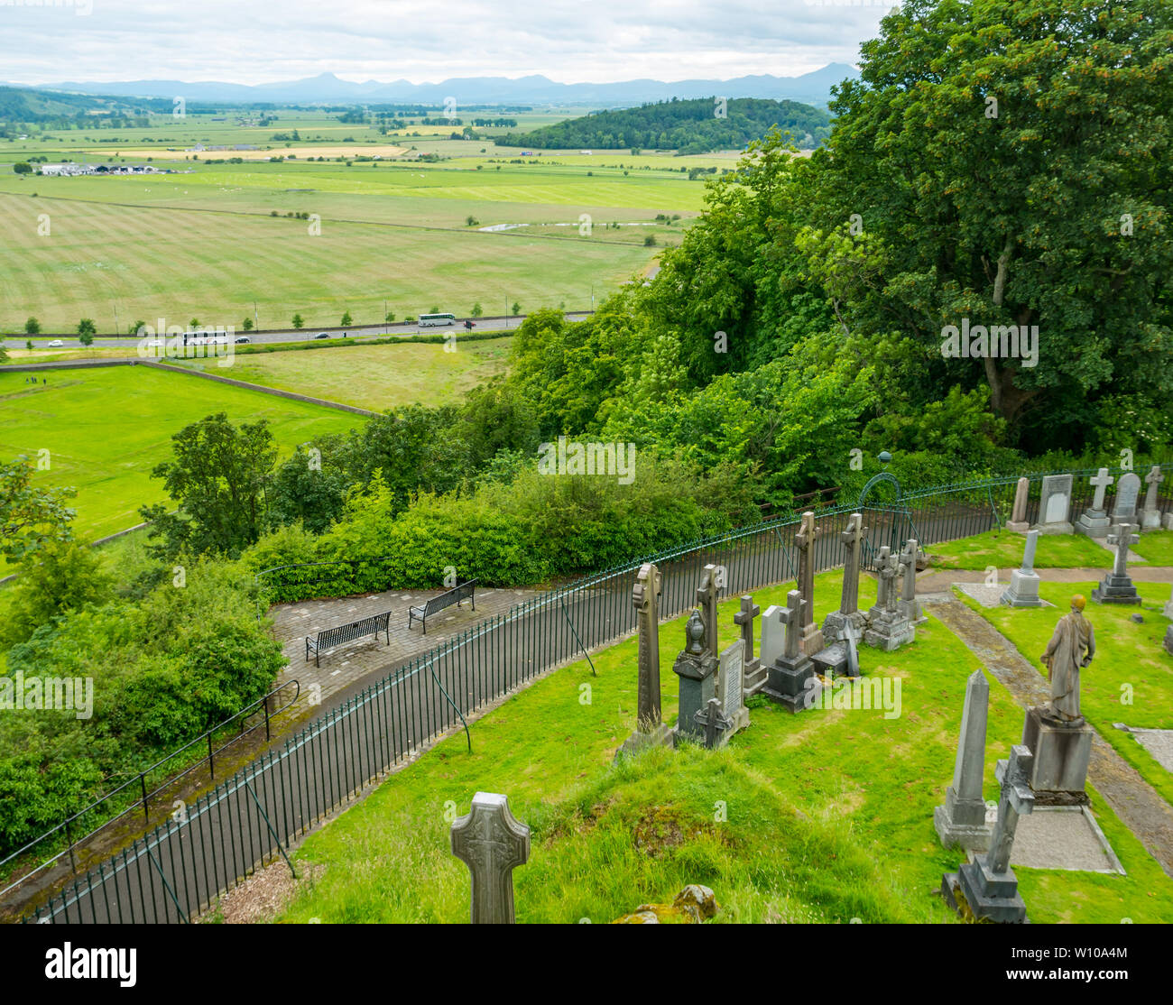 Old Town cemetery gravestones with view of Carse of Stirling, Stirlingshire, Scotland, UK Stock Photo