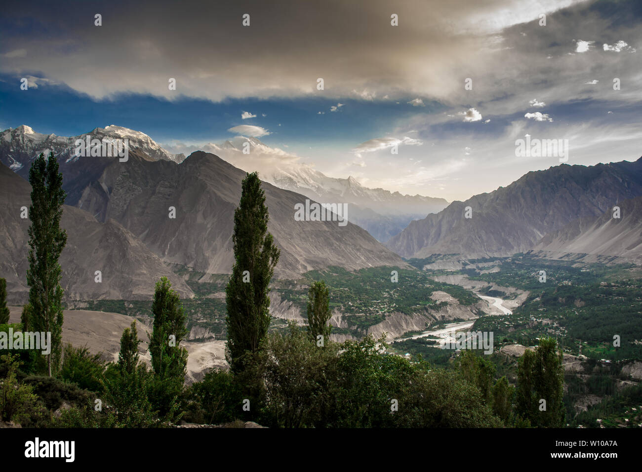 Bird's Eye View of Hunza Valley, Pakistan. The beautiful Hunza Valley is surrounded by Karakoram Mountains. Stock Photo