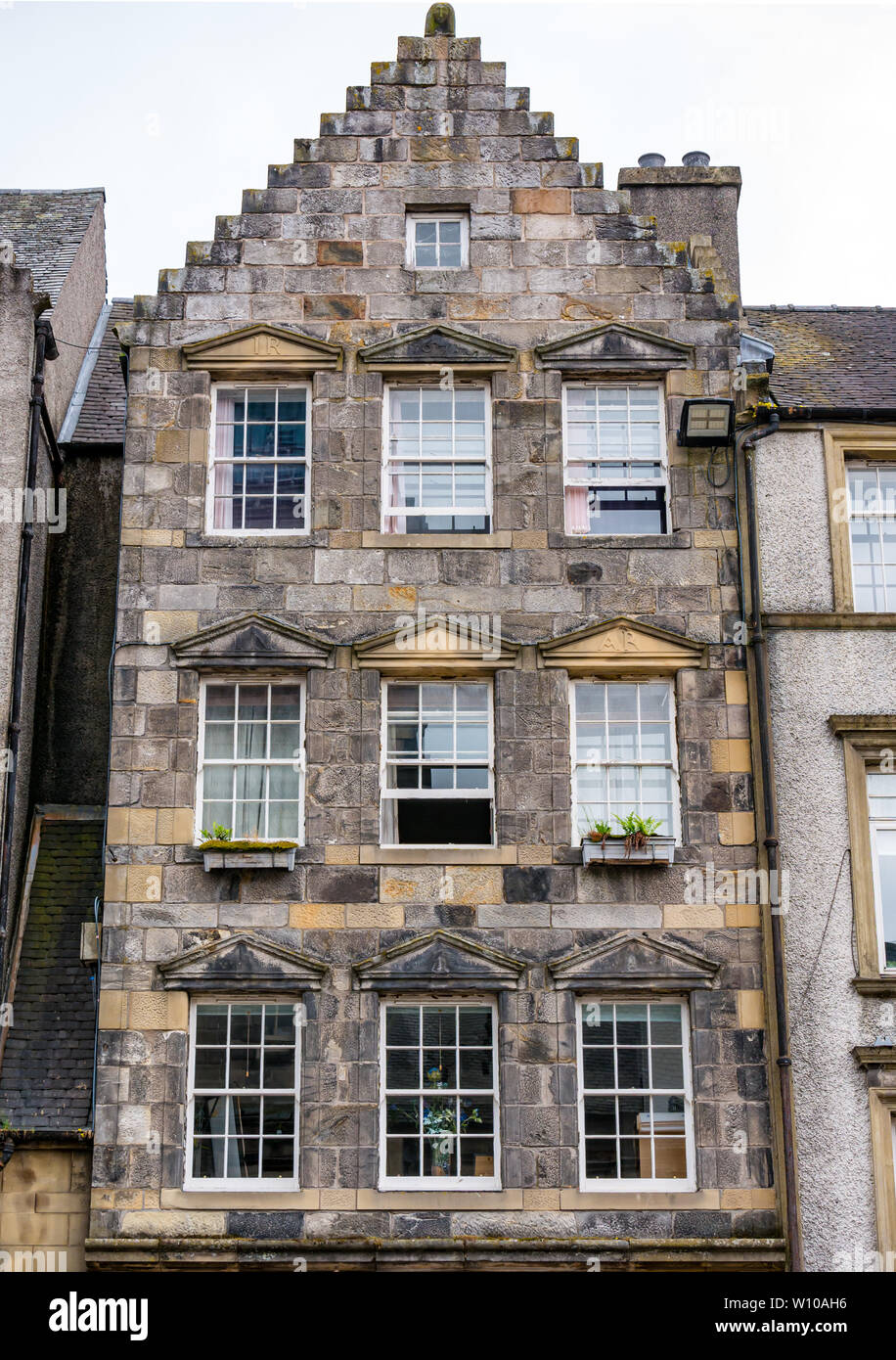 Dutch style narrow old stepped gable tenement, Broad Street, Stirling, Scotland, UK Stock Photo
