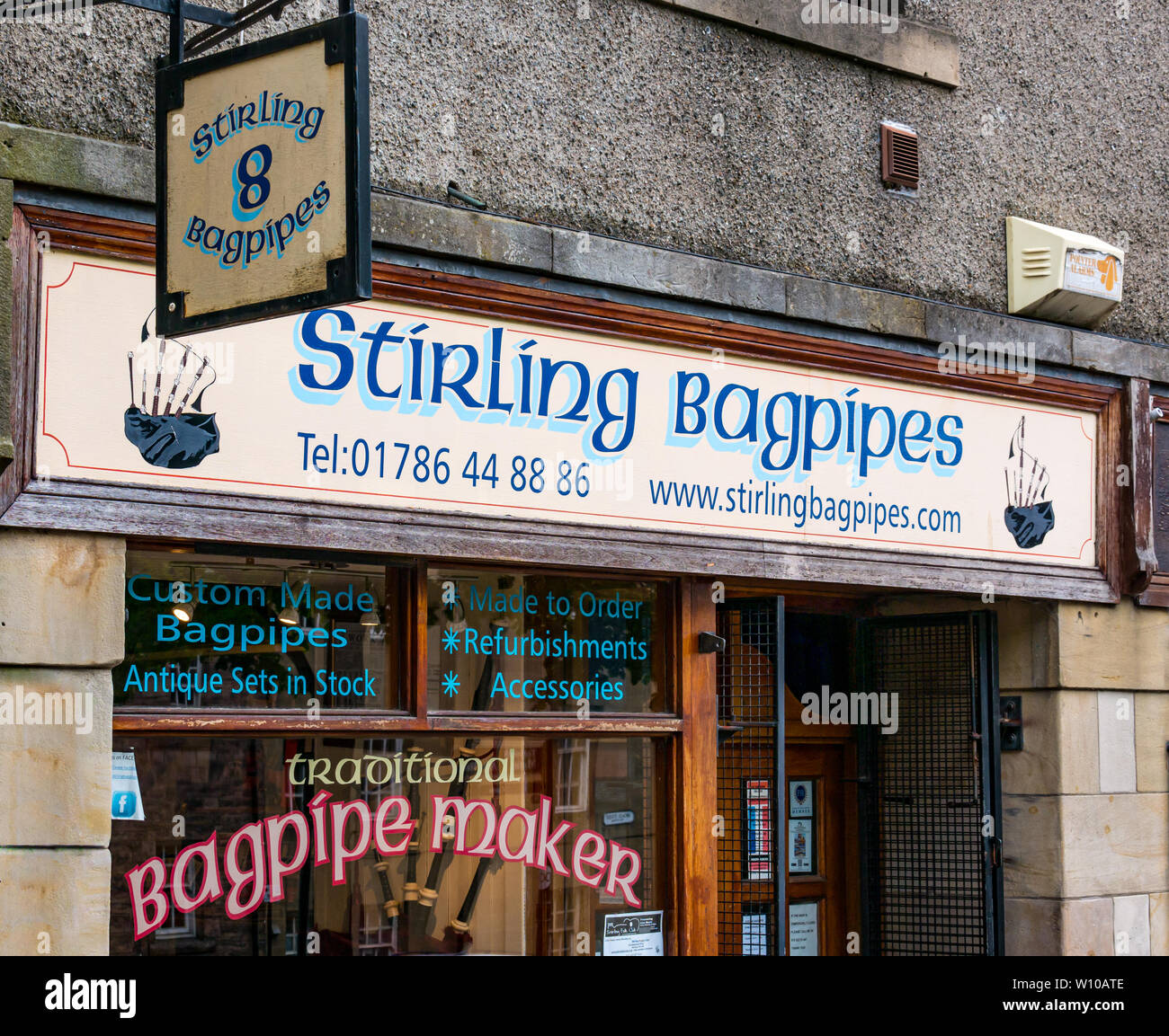 Stirling bagpipes musical instrument manufacturer, Broad Street, Stirling Old Town, Scotland, UK Stock Photo