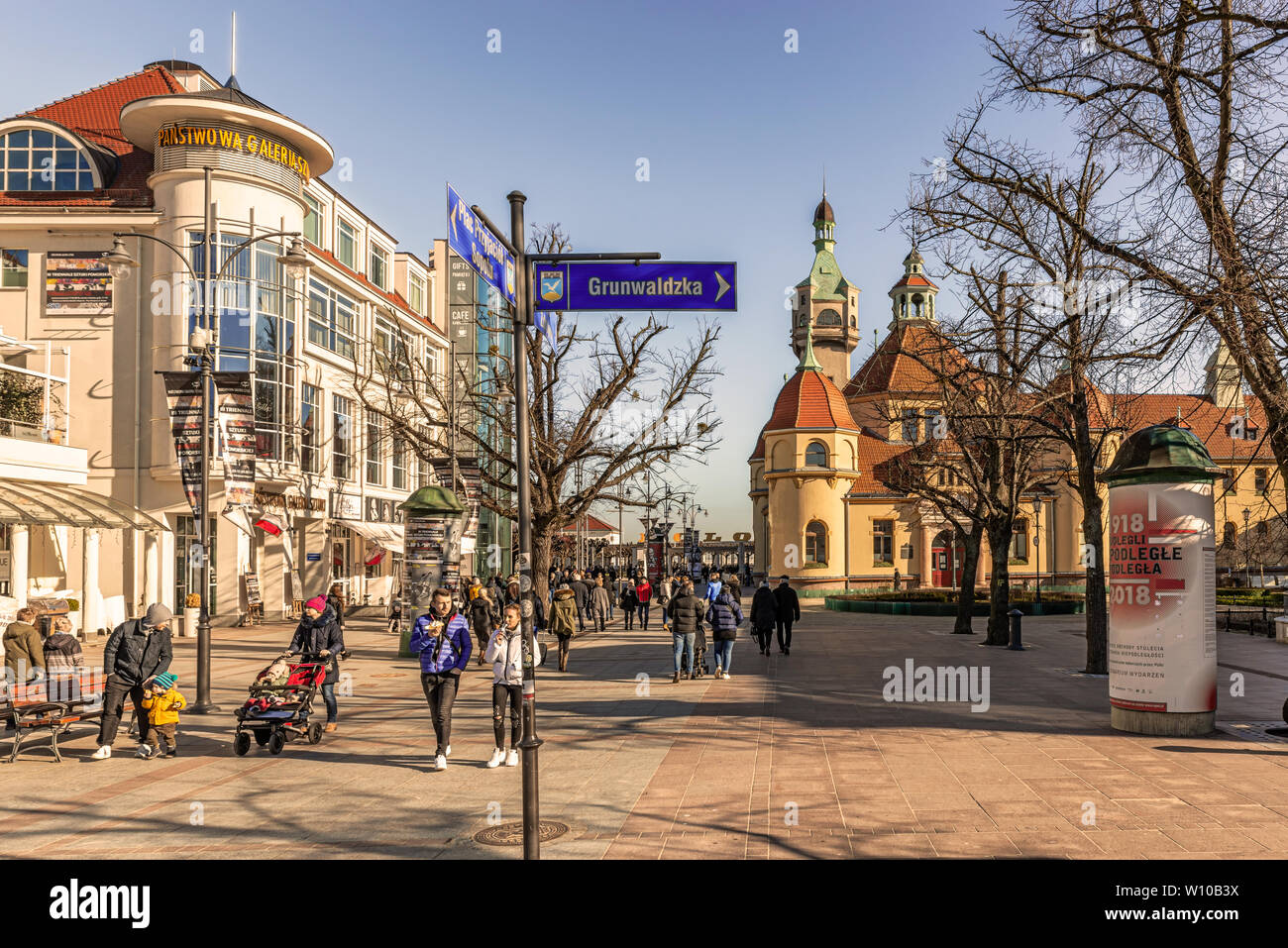 Sopot, Poland - Feb 16, 2019: View at the historical buildings at the entrance to pier called molo in tourist resort town of Sopot, Poland. Stock Photo