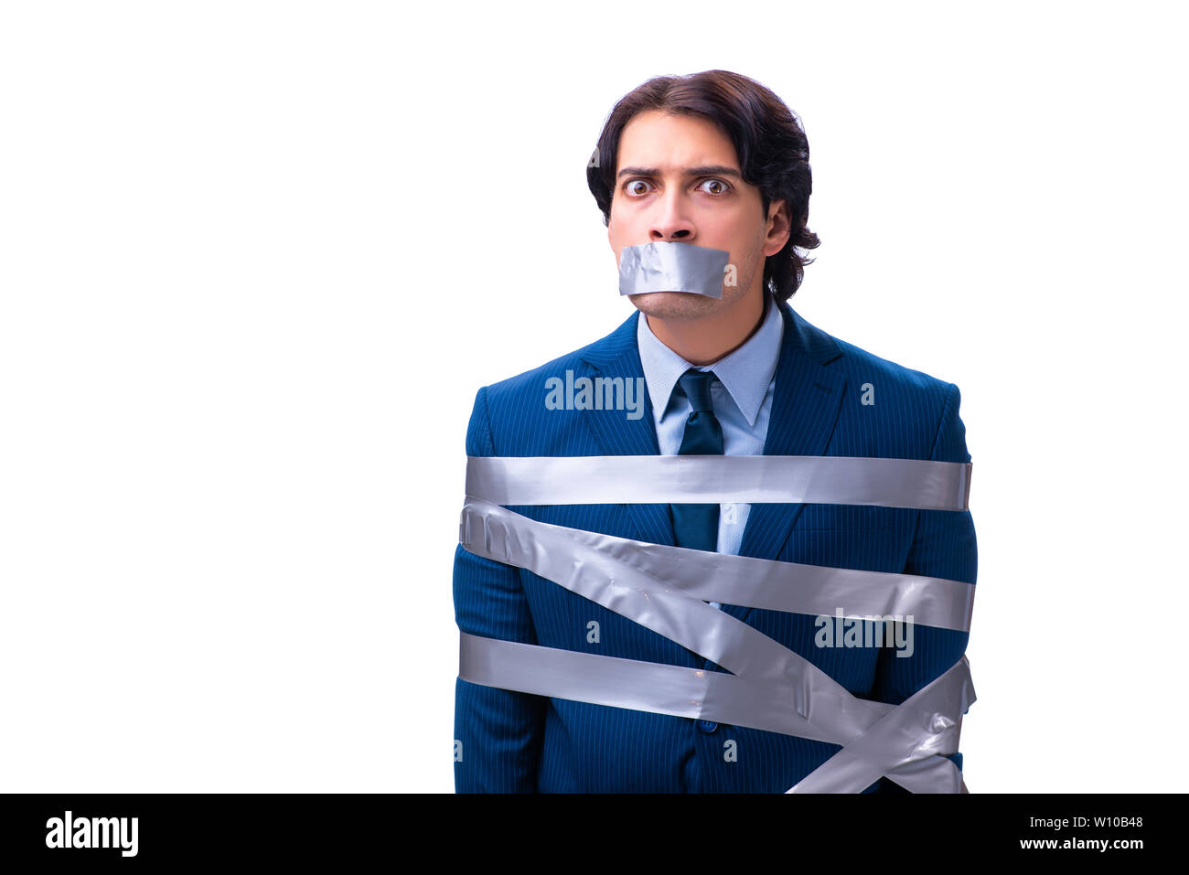 Tied employee with tape on mouth isolated on white Stock Photo