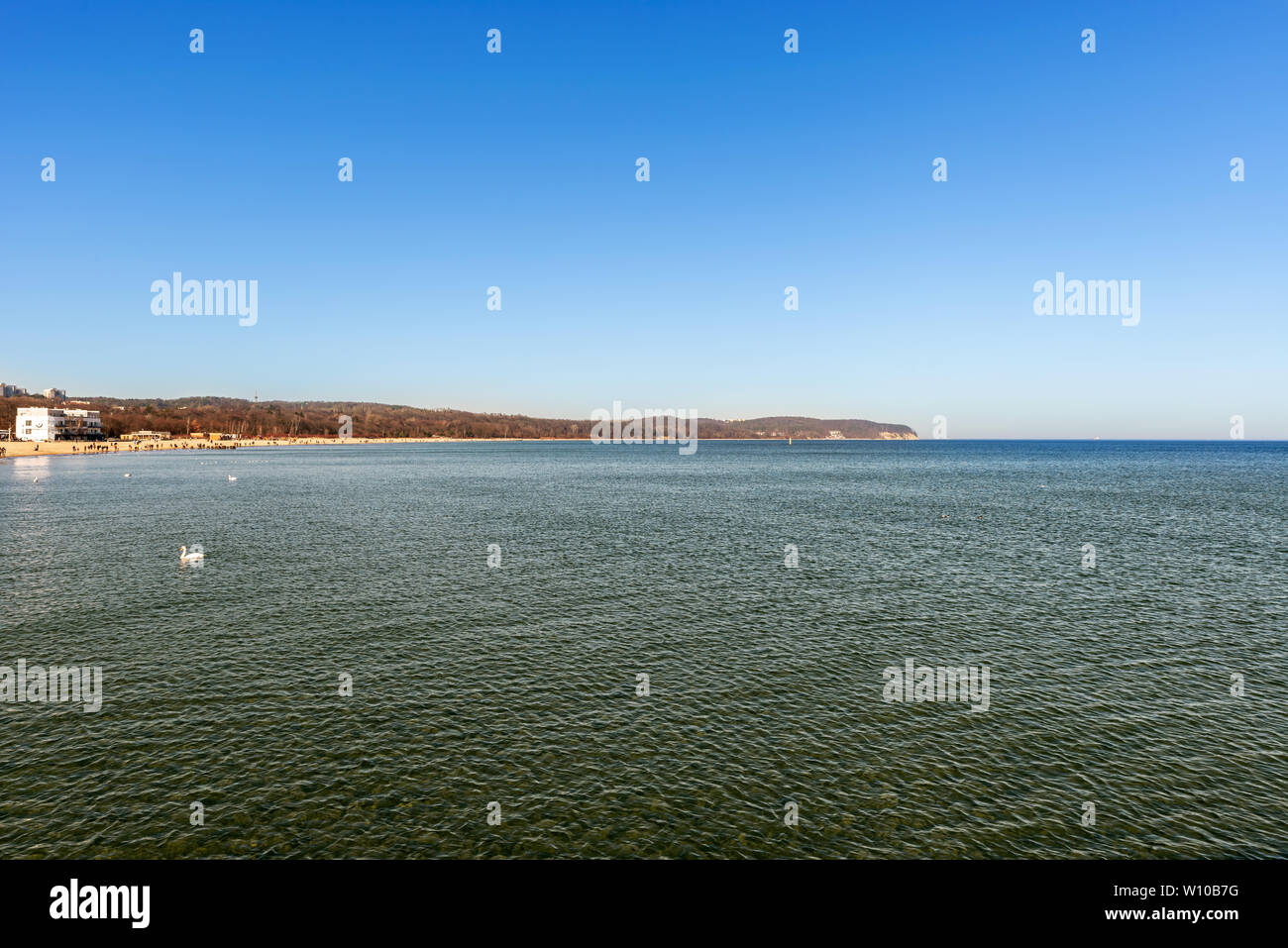 Landscape of the Baltic seaside with beaches as viewed from the pier in Sopot, Poland. Stock Photo