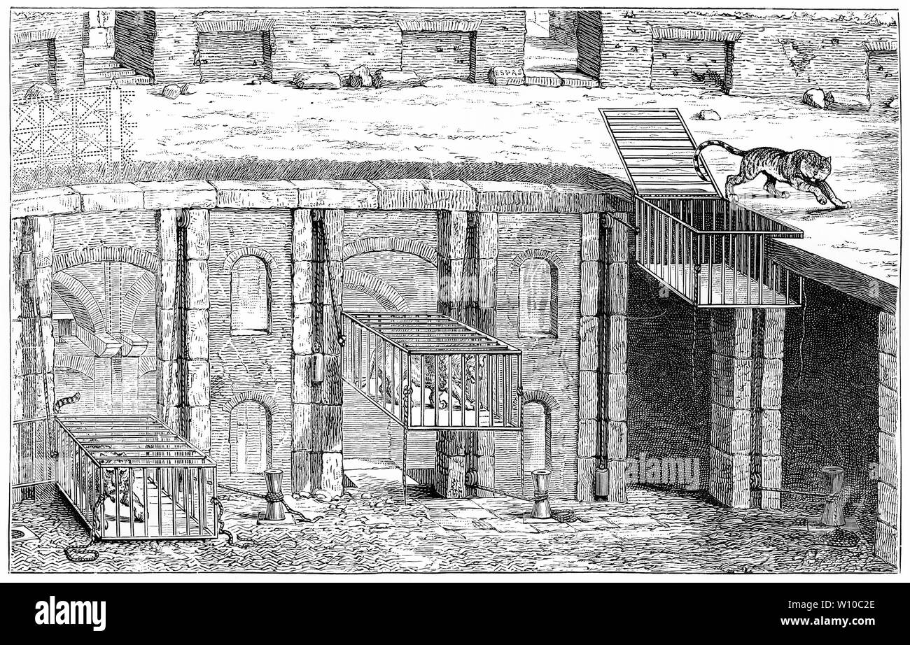 Engraving of ruins of the substructure of the Colosseum in Rome, where thousands were fed to wild animals. From The Life and Work of St Paul by Farrar, 1898. Stock Photo